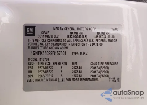 2009 Chevrolet Tahoe Ltz z USA, uszkodzony, nr VIN 1GNFK33099R167801